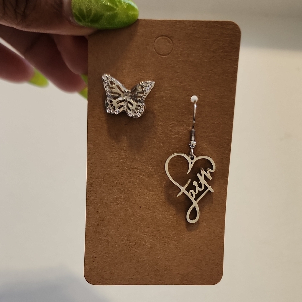 Silver Butterfly Stud and Heart 'Jazm' Script Dangle Earring Set Mix & Match